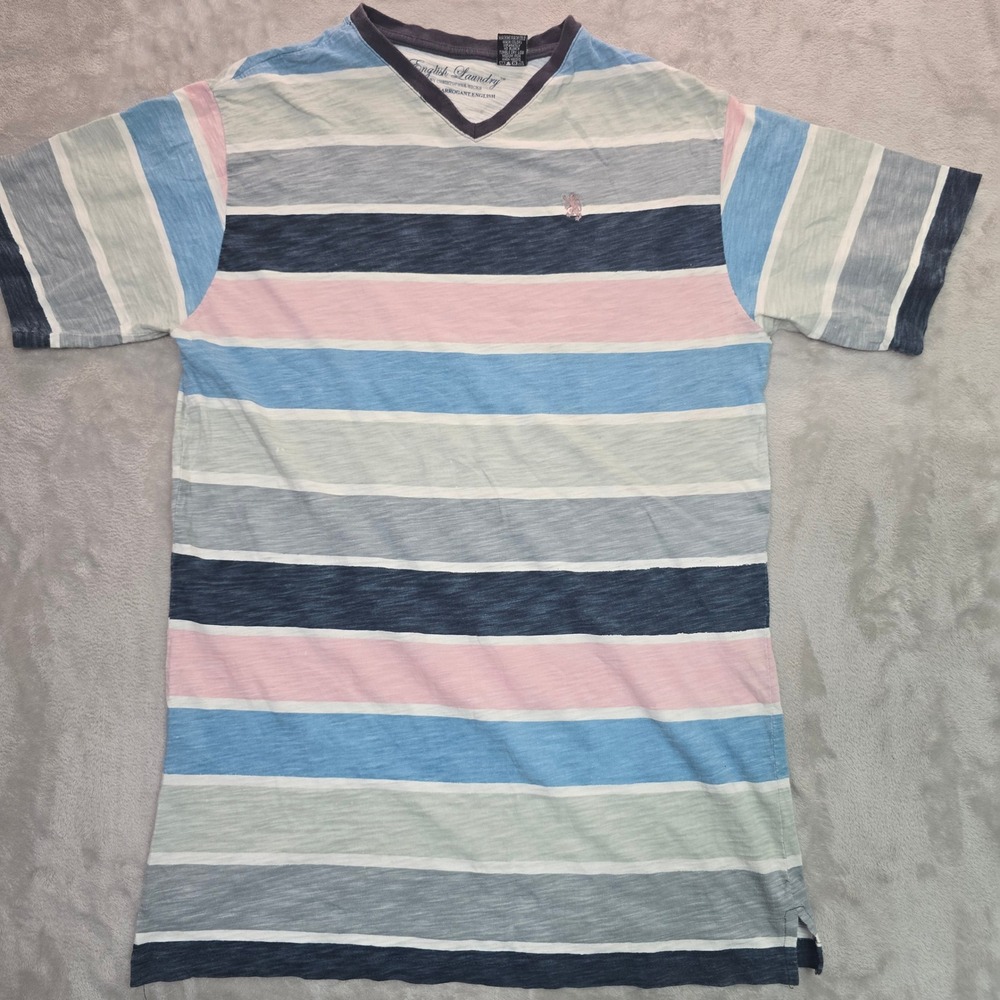 English Laundry Boys Size 18 V-Neck Striped Cotton T-Shirt Blue Pink Multi